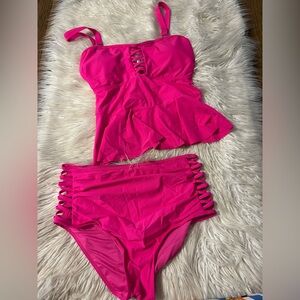 Hot Pink Two-Piece High-Waist Tankini Set